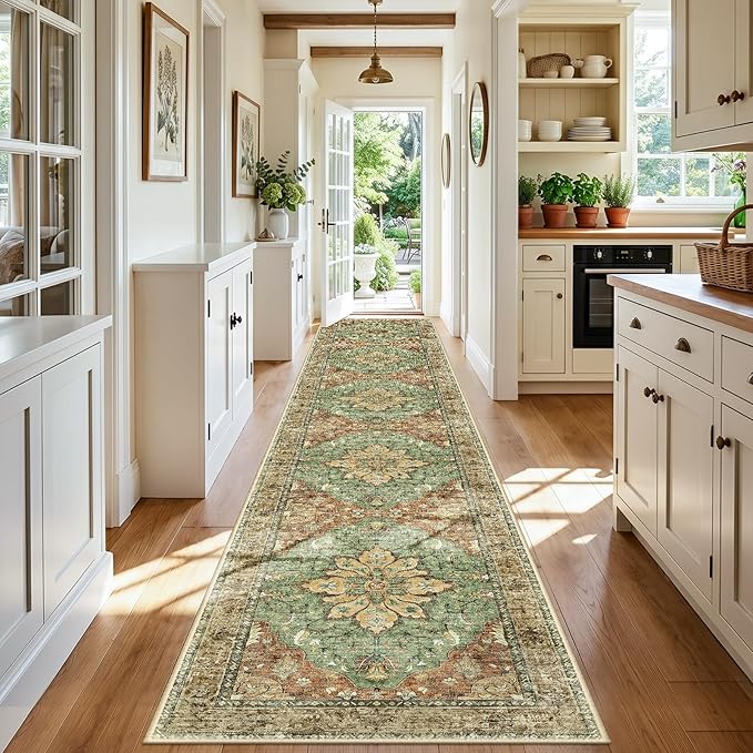 RELEANY Area Rugs 3'x20' Runner Rug Non Slip Washable for Kitchen Hallway Bedroom Beside Laundry Room Bathroom Rug, Floor Carpet, Brick Red Rust Neutral Brown Burnt Orange Green
