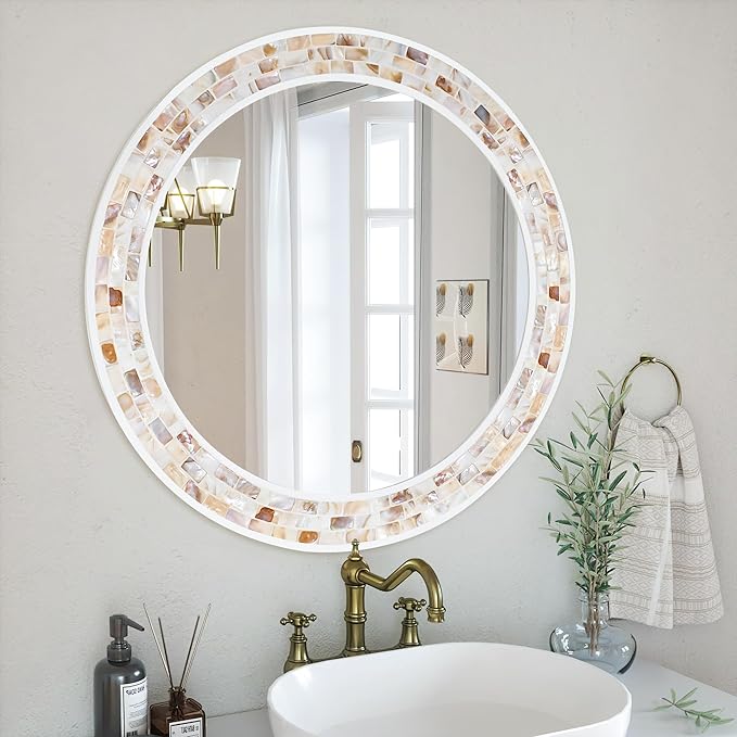 Tanmicoshomy Round Wall Mirror 30 Inch, Natural Brown Shell Framed Circle Mirrors with Tempered Glass for Coastal Bathroom Bedroom Living Room or Entrayway(Brown)