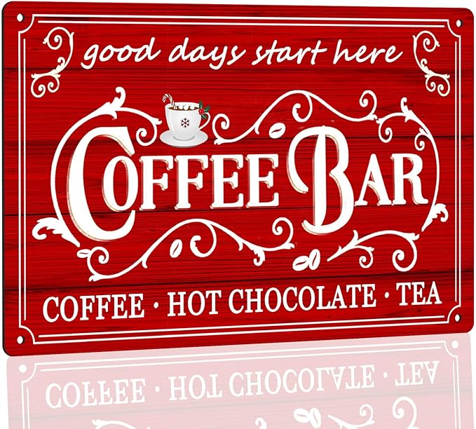 Vintage Metal Sign - Coffee & Tea Bar Decor - Christmas & Hot Cocoa Station - 8 x 12 Inch