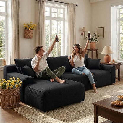 Homkdom L-Shaped Cloud Boneless Couch with Deep Seat, Modular Sectional Sofa with Oversized Chaise, 6 Layouts Combination for Living Room, Apartment, No Assembly (Black Check, Left Facing Chaise)