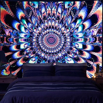 PRRPRR Blacklight Mandala Tapestry for Bedroom, UV Reactive Trippy Wall Tapestry, Bohemian Aesthetic Wall Art Decor for Adults Teens (Mandala Orange, 78"x59")