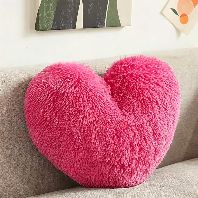 MorroMorn Fluffy Heart Throw Pillows, Shaggy Decorative Pillow for Sofa Couch Bed, Cute Room Decor Decorations for Women Girls Kids (Hot Pink)