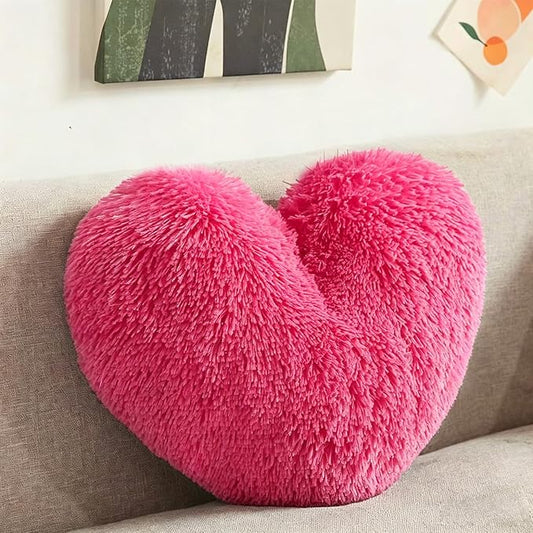 MorroMorn Fluffy Heart Throw Pillows, Shaggy Decorative Pillow for Sofa Couch Bed, Cute Room Decor Decorations for Women Girls Kids (Hot Pink)