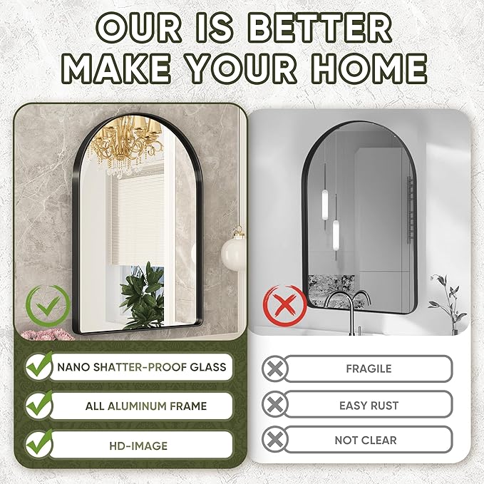 Suidia 26" x 38" Bathroom Mirror, Bathroom Vanity Mirror Metal Framed, Wall-Mounted Mirrors for Bedroom, Living Room, Entryway, Hallway, Black, Arch Style
