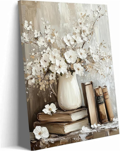 Vintage Books Canvas Wall Art Farmhouse Rustic Floral Painting Picture Wall Decor Still Life Flowers Poster Print Artwork for Countryside Farmhouse Library Gallery Living Room Home Decoration