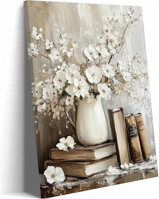 Vintage Books Canvas Wall Art Farmhouse Rustic Floral Painting Picture Wall Decor Still Life Flowers Poster Print Artwork for Countryside Farmhouse Library Gallery Living Room Home Decoration
