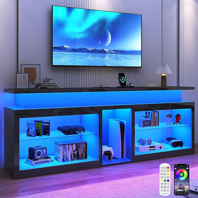 71" LED TV Stand with Power Outlet,60-Colors LED Lights For 65 70 80 in TV,High Gloss Gaming Entertainment Center w/Adjustable Shelves,Black TV Console with Modern Design for Living Room Bedroom