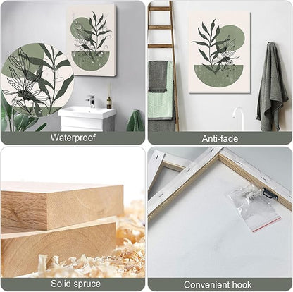 Sage Green Wall Posters & Prints, Green Boho Wall Art Set of 3, Minimalist Framed Wall Art Geometric Line Leaf Sun Moon Beige Green Canvas Artwork Paintings