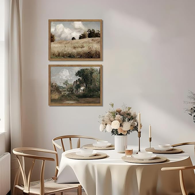 Framed Vintage Landscape Wall Art Set of 2, Rustic Farmhouse Field Canvas Wall Decor Paintings, Retro Nature Country Artwork Prints Pictures for Living Room Bedroom Home Decor 12x16 Inch