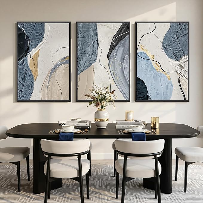 Large Framed Abstract Wall Art for Living Room, Set of 3 Modern Canvas Artwork for Wall, Blue Gray Minimalist Prints Paintings for Bedroom Hallway Office Wall Decor, 24x36 Inch