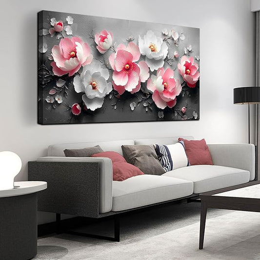 HUBOSKN Flower Canvas Wall Art for Living Room - Pink and White Room Decor for Women - Girls Bedroom Wall Decor Size 29" x 59"