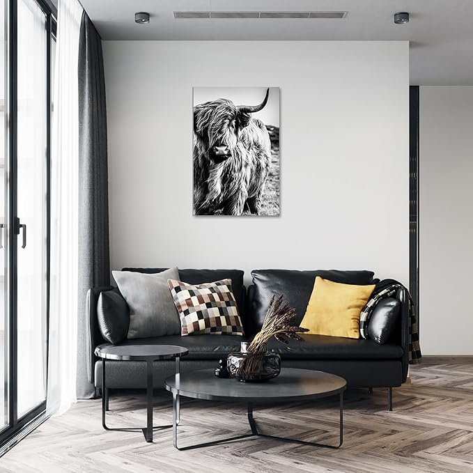 Highland Cow Wall Art Canvas Black and White Cow Picture Prints Framed Artwork for Bathroom Farmhouse Wall Decor (20x30inches)