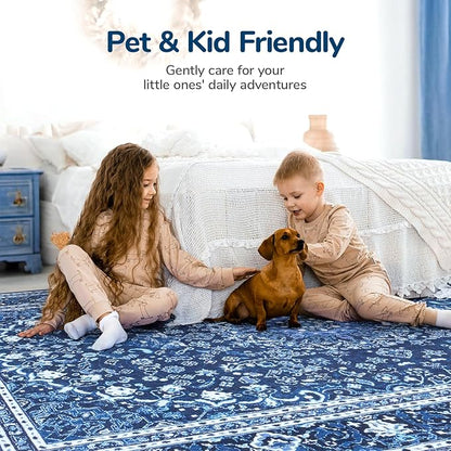 Lessymo Area Rugs 9x12 Living Room- Large Area Rug Machine Washable Area Rug for Bedroom Living Room, Vintage Rugs Boho Floral Medallion, Non-Slip Rubber, Low Pile, Kid & Pet Friendly, Blue White