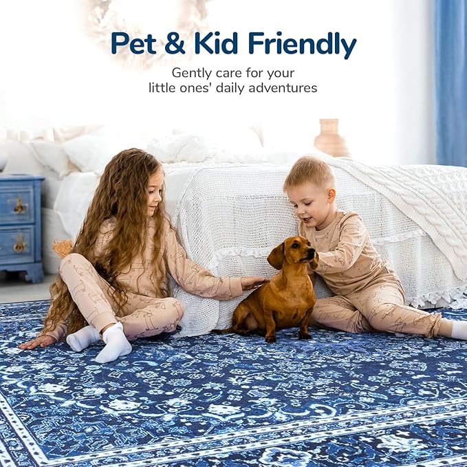 Lessymo Machine Washable Area Rug 5x7 - Super Soft Faux-Wool Area Rug for Living Room Bedroom, Boho Vintage Floral Medallion Non-Slip Low Pile, Kid & Pet Friendly, Blue White