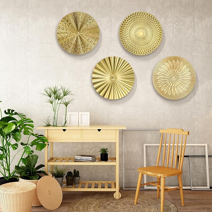 IANFAN 4 Pcs 12 Inch Metal Wall Art Decor Gold Sunburst Hanging Artwork Decor Modern Metal Wall Art Decorations for Home Living Room Bedroom Office Gift