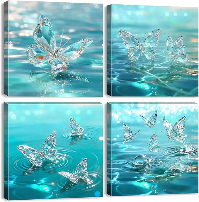 4 Piece Butterfly Wall Art Turquoise Pictures for Bedroom Decor Crystal Butterflies Wall Decor Teal Blue Butterfly Posters Prints Water Scenery Paintings Artwork Living Room Home Decorations 12x12”