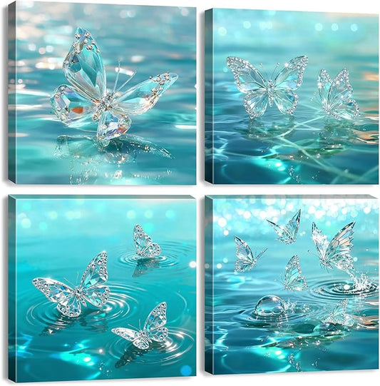 4 Piece Butterfly Wall Art Turquoise Pictures for Bedroom Decor Crystal Butterflies Wall Decor Teal Blue Butterfly Posters Prints Water Scenery Paintings Artwork Living Room Home Decorations 12x12”