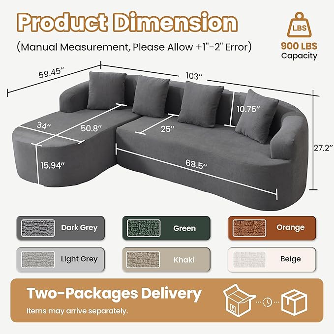 103" L Shaped Boneless Sectional Couches for Living Room, Curved Modular Sectional Sofa with Chaise, Modern Cloud Couch Deep 3 Seat No Assembly, Dark Grey