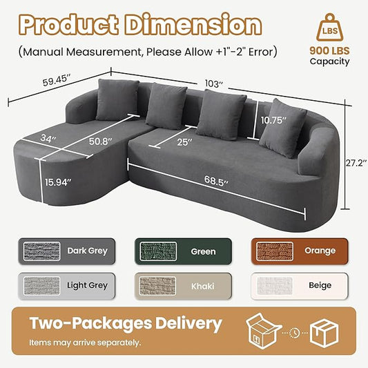 103" L Shaped Boneless Sectional Couches for Living Room, Curved Modular Sectional Sofa with Chaise, Modern Cloud Couch Deep 3 Seat No Assembly, Dark Grey