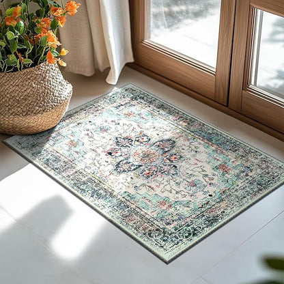 BESTSWEETIE 2x3 Area Rug Washable Rugs for Living Room, No Pile Boho Carpet for Entryway Bedroom Dinning Room, Vintage Carpet Print Distressed Non-Slip, 2 x 3 ft, Multi Navy Teal