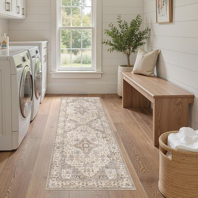 EIEIHOUSE Washable 2x6 Runner Rug - Area Rugs Neutral Vintage Distressed Floral Farmhouse Boho Large Soft Floor Rug Indoor Carpet for Hallway Entryway Bedroom Kitchen - Brown/Multi