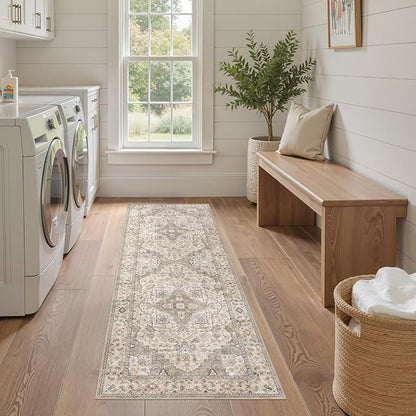 EIEIHOUSE Washable 2x6 Runner Rug - Area Rugs Neutral Vintage Distressed Floral Farmhouse Boho Large Soft Floor Rug Indoor Carpet for Hallway Entryway Bedroom Kitchen - Brown/Multi