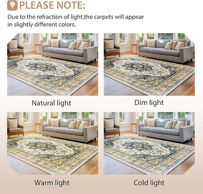BESTSWEETIE 6ft Area Rug Washable Rugs for Living Room, No Pile Boho Carpet for Entryway Bedroom Dinning Room, Vintage Carpet Print Distressed Non-Slip, 72" Round, Grey Brown