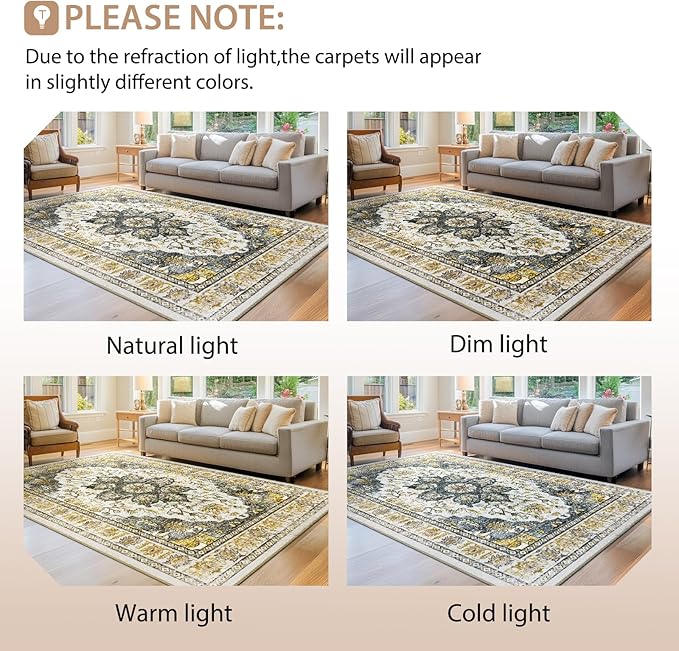 BESTSWEETIE 4ft Area Rug Washable Rugs for Living Room, No Pile Boho Carpet for Entryway Bedroom Dinning Room, Vintage Carpet Print Distressed Non-Slip, 48" Round, Grey Brown