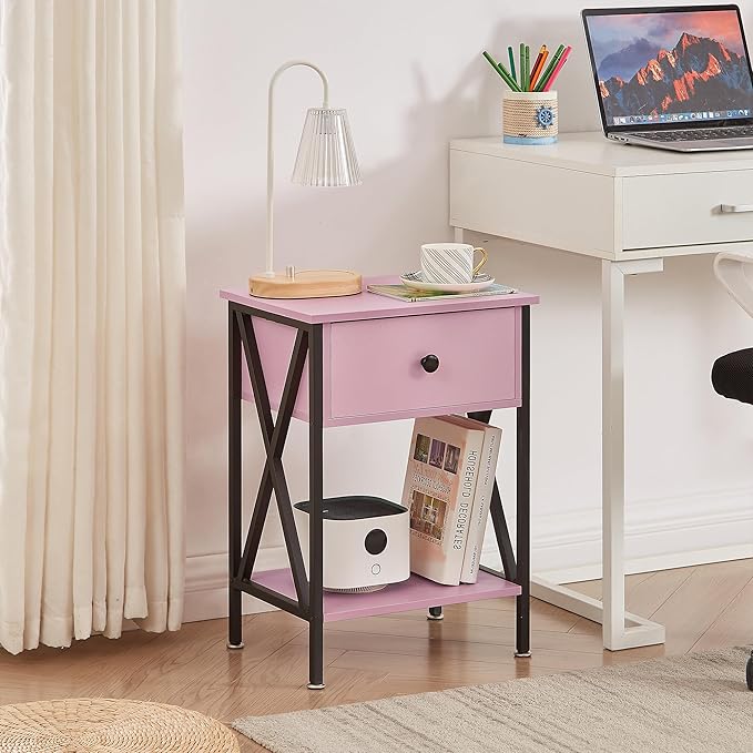 VECELO Nightstand,Modern Bedside End Table, Night Stand with Drawer and Storage Shelf for Living Room Bedroom, Industrial Metal Frame