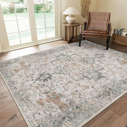 Bavni 8x10 Area Rug Washable Rug for Living Room Bedroom, Washable Vintage Print Carpet, Low Pile Rug with Non Slip Backing, Light Taupe Brown