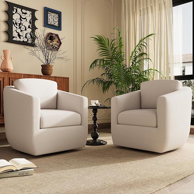 COLAMY 360° Swivel Accent Chair Set of 2 No-Sag Foam & Sturdy Metal Base, Fully Assembled Living Room Armchair with Pillow, Swivel Accent Single Sofa for Bedroom Living Room, Reading Room, Beige