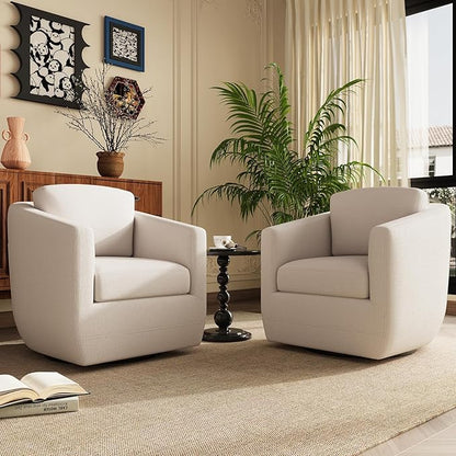 MALOL 360° Swivel Accent Chair Set of 2- Comfy Living Room Armchair No-Sag Foam & Sturdy Metal Base with Pillow, Fully Assembled Swivel Accent Single Sofa for Bedroom, Office, Beige