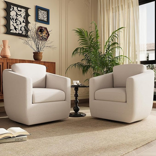 MALOL 360° Swivel Accent Chair Set of 2- Comfy Living Room Armchair No-Sag Foam & Sturdy Metal Base with Pillow, Fully Assembled Swivel Accent Single Sofa for Bedroom, Office, Beige