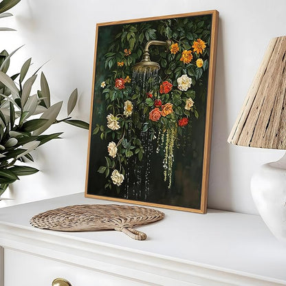 Floating Framed Floral Shower Wall Art, Vintage Botanical Flower Canvas Print, Romantic Garden Roses and Waterfall Painting, Nature Inspired Bathroom Wall Decor for Home Living Room 12x16 inch