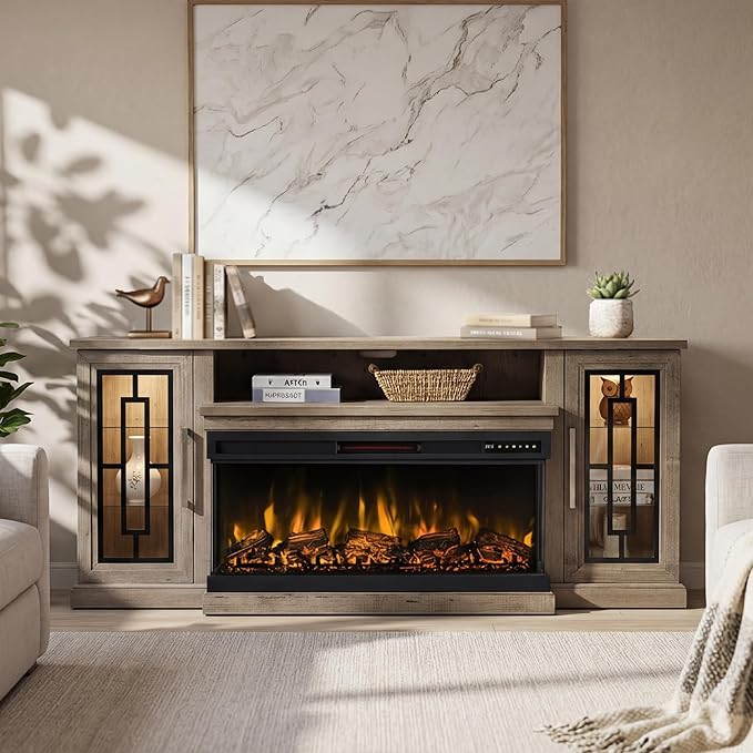 75 Inch Electric Fireplace TV Stand, 3- Side Glass LED Modern Media Entertainment Center Console Table for TVs up to 80/85 Inch w/Adjustable Flame, 40’’ Fireplace, Highboy, Gray Wash