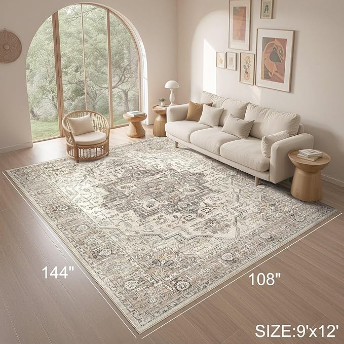 Area Rug 9x12 Washable Vintage - Soft Traditional Rugs for Living Room Large Non Slip Backing with Low Pile Farmhouse Oriental Retro Carpet for Bedroom Dining Room or Home Office - Light Brown