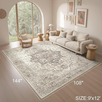 Area Rug 9x12 Washable Vintage - Soft Traditional Rugs for Living Room Large Non Slip Backing with Low Pile Farmhouse Oriental Retro Carpet for Bedroom Dining Room or Home Office - Light Brown