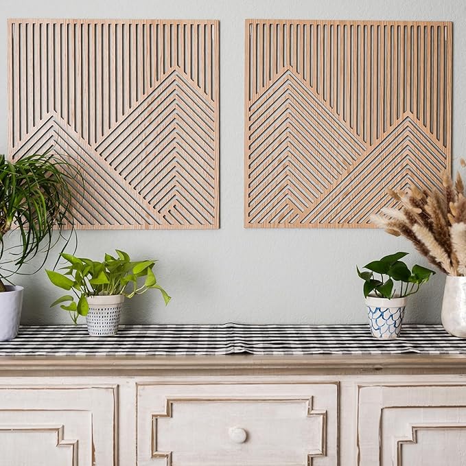 SnugLife 2 Pcs Wood Mountain Wall Art - Modern Wooden Panel Mountain Wall Decor, Decorative Forest Nature Abstract Line Minimalist Wall Art for Living Room Bedroom Farmhouse - Large 23.5”x23.5”