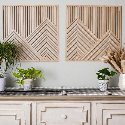 SnugLife 2 Pcs Wood Mountain Wall Art - Modern Wooden Panel Mountain Wall Decor, Decorative Forest Nature Abstract Line Minimalist Wall Art for Living Room Bedroom Farmhouse - Large 23.5”x23.5”