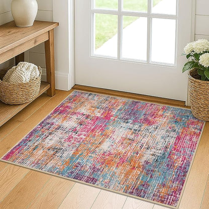 KILOCOCO Abstract Small Area Rug 2x3 Entryway Rug Washable Kitchen Rugs Door Mat Indoor Entrance Soft Pinted Non Slip Throw Rugs for Front Door Foyer Farmhouse Floor Mats, Pink/Orange/Blue
