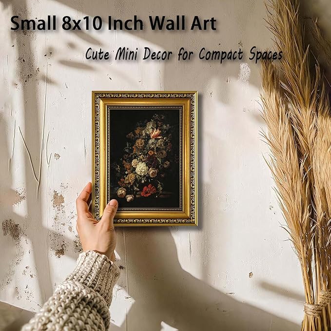 YD&YZY Gold Framed Vintage Wall Art Canvas Moody Flower Wall Decor Still Life Retro Dark Floral Aesthetic Art Painting Picture Print Artwork for Living Room Bedroom Home Decor 8x10 inch Small Framed