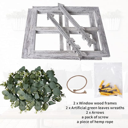 Rustic Wood Window Frame with Green Wreath and Arrows Wall Decor，Farmhouse Window Frame Hanging Decor, Wooden Fake Decoration,Window Pane Wall Decor,Set of 2 (White)