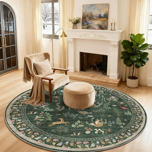 Washable Round Rugs for Bedroom 4ft: Living Room Rug Stain Resistant Non Slip Low Pile Ultra Soft Faux Wool Small Circle Rugs for Kitchen Entryway Nursery Bathroom Entrance Dorm Home Office Indoor