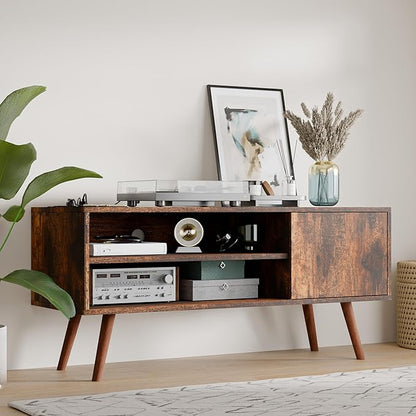 Cozy Castle TV Stand for 48-55 Inch TV, Mid Century Modern Entertainment Center with Storage Cabinet, TV Media Console with Charging Station for Living Room (Brown, 43.3" W x 15.7" D x 19.5" H)