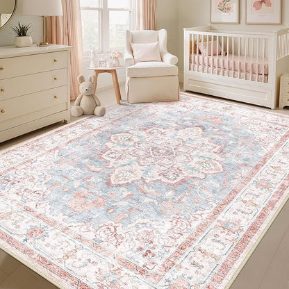 CAPALOCA Machine Washable Rugs Nursery Rug 9x12 Cute Girl Non Slip Low Pile Water Repellent Soft Print Pattern for Bedroom Indoor Decor Kids Playroom Pink Blue