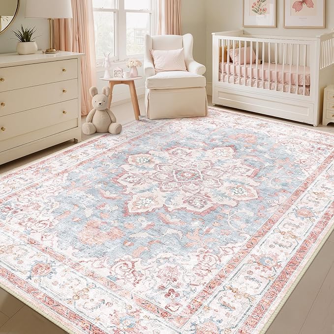CAPALOCA Machine Washable Rugs Nursery Rug 7x9 Cute Girl Non Slip Low Pile Water Repellent Soft Print Pattern for Bedroom Indoor Decor Kids Playroom Pink Blue