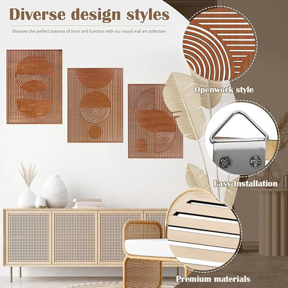 Betinyar 3PCS Geometric Abstract Wood Wall Art, Modern Wood Wall Decor with Hollow Design & Metal Hook, Vintage Brown Minimalist Home Decor for Living Rooms, Bedrooms, Offices, & Cafes (Dark brown)