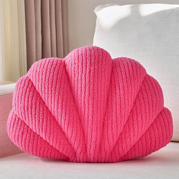 Shell Pillow, Soft Decorative Pillows for Bed Couch, Seashell Plush Throw Pillow Aesthetic Home Decor Cushion for Bedroom Living Room (Hot Pink, 14 X 11 Inches)