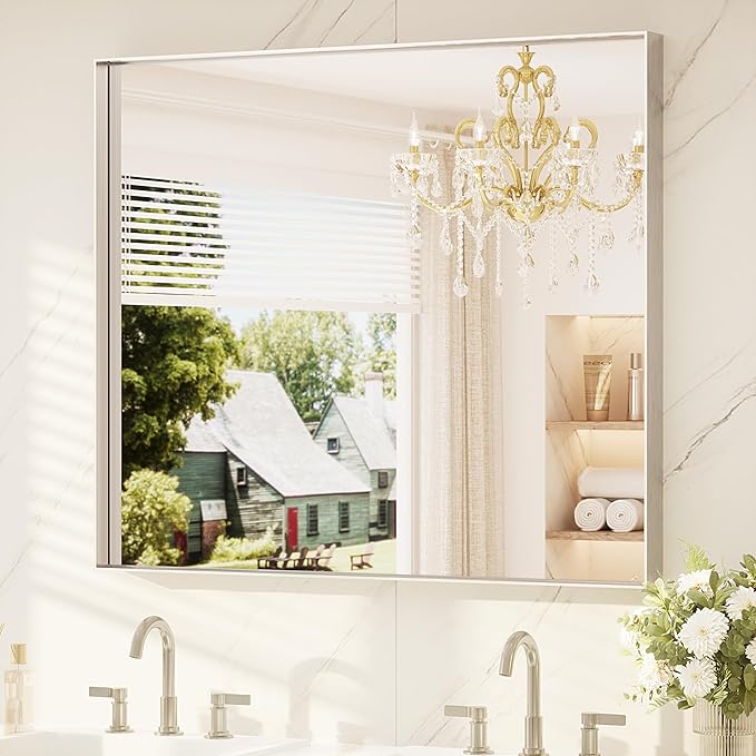 TETOTE Brushed Nickel Mirror 42" x 36" Bathroom Vanity Mirror for Over Sink Brushed Nickel, Tempered Glass, Modern Farmhouse Rectangle Frame Wall Mirrors for Bathroom, Bedroom, Entryway, Living Room