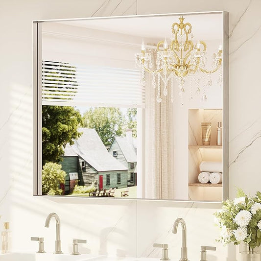 TETOTE Brushed Nickel Mirror 42" x 36" Bathroom Vanity Mirror for Over Sink Brushed Nickel, Tempered Glass, Modern Farmhouse Rectangle Frame Wall Mirrors for Bathroom, Bedroom, Entryway, Living Room
